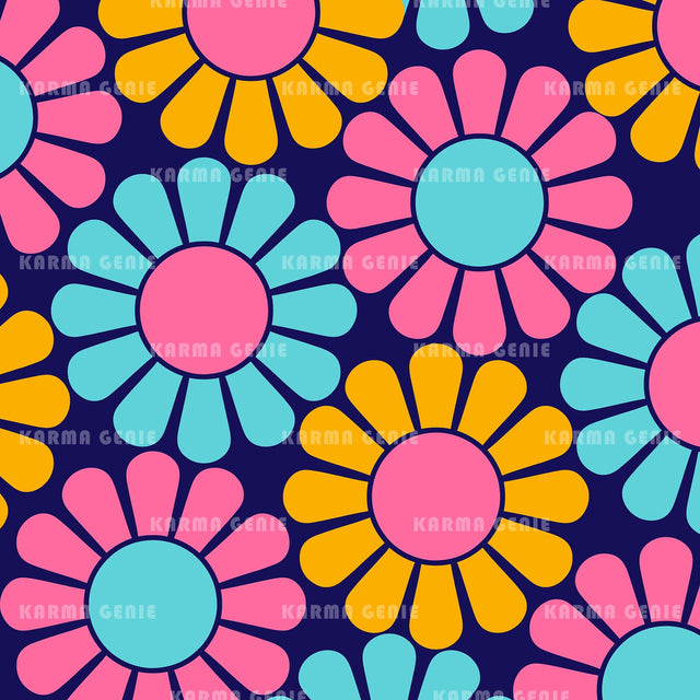 1960s Style Colourful Neon Daisy Flowers Pattern Digital Paper Digital Pattern Karma Genie Graphics 