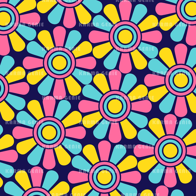 1960s Style Pink Yellow Blue Neon Daisy Flowers Pattern Digital Paper Digital Pattern Karma Genie Graphics 