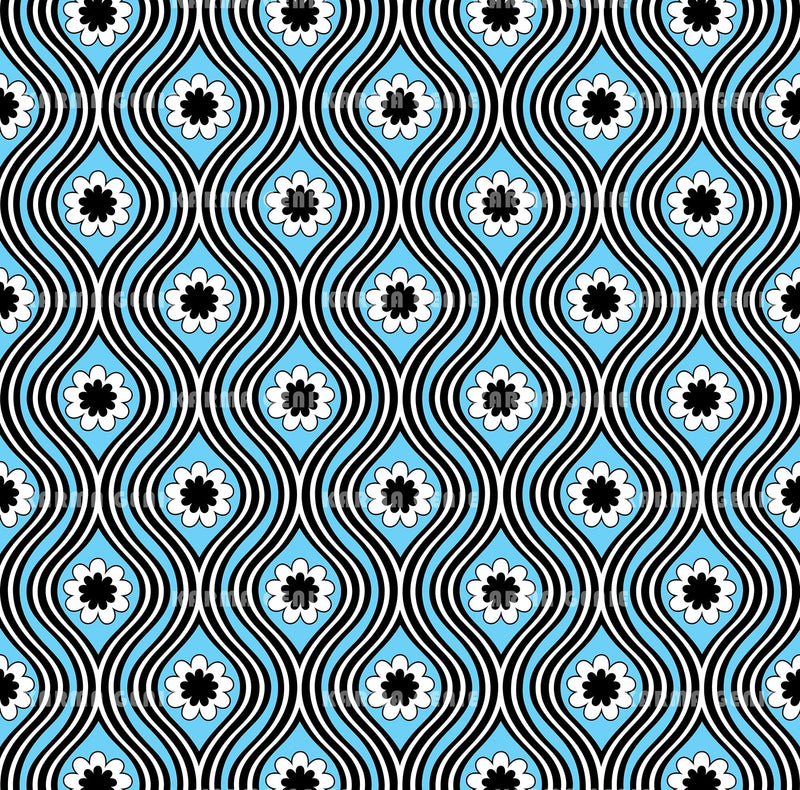 1970s Flowers & Wavy Lines Mid Century Blue Floral Pattern Digital ...