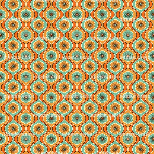1970s Style Mid Century Orange Blue/Green Retro Floral Pattern Digital Paper Digital Pattern Karma Genie Graphics 
