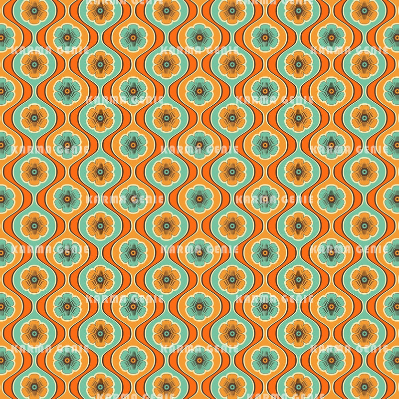 1970s Style Mid Century Orange Blue/Green Retro Floral Pattern Digital Paper Digital Pattern Karma Genie Graphics 