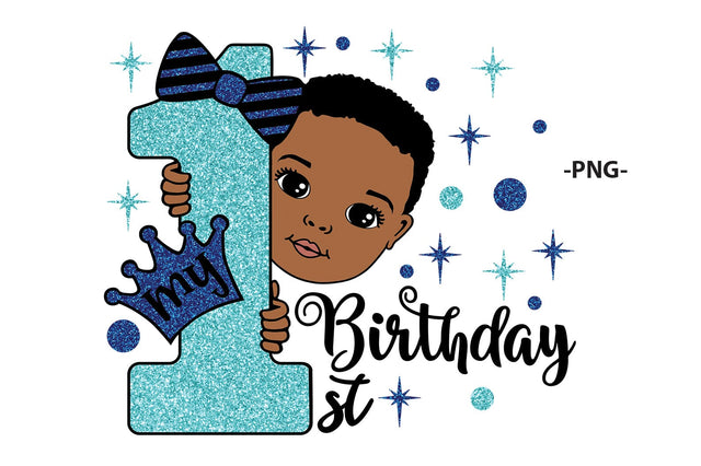 1st Birthday Boy SVG Black Baby Clipart with Blue Glitter Crown and Number One PNG DXF PDF EPS JPG AI First Birthday Design for Cricut Crafts SVG 1uniqueminute 