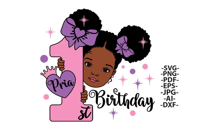 1st Birthday Girl Clipart with Pink and Purple Number One and Afro Puffs in SVG PNG JPG PDF AI EPS DXF Formats for Party Decor and Crafts SVG 1uniqueminute 