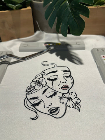 2 faced girl mask's Embroidery Design 4 Sizes - File formats in pes,dst,jef,xxx,exp,vip,vp3, Edgy, spiritual, girly, flowers Embroidery/Applique DESIGNS AestheticdesignsE 