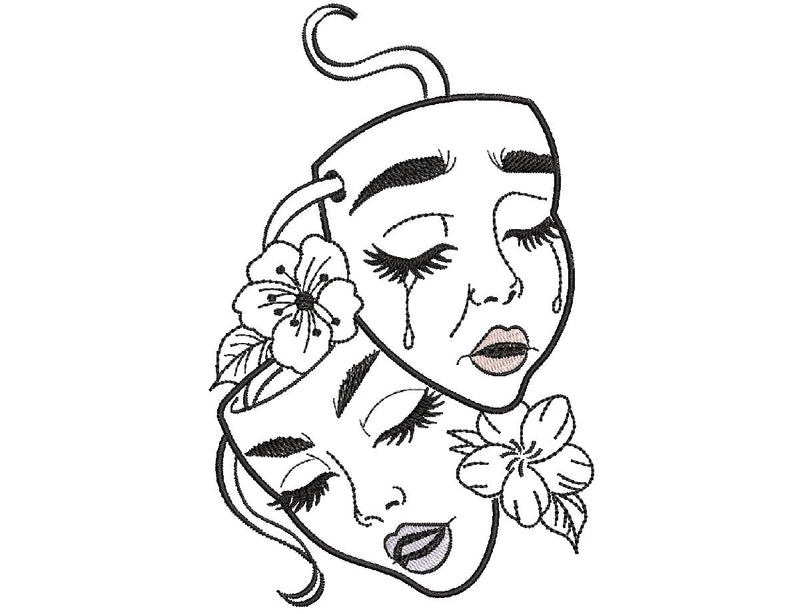 2 faced girl mask's Embroidery Design 4 Sizes - File formats in pes,dst,jef,xxx,exp,vip,vp3, Edgy, spiritual, girly, flowers Embroidery/Applique DESIGNS AestheticdesignsE 