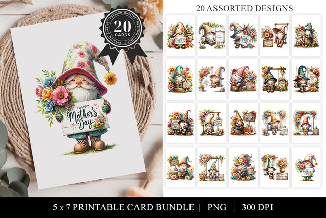 20 Assorted Mothers Day Cute Gnome Printable Cards Sublimation BijouBay 
