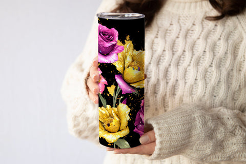 20 Oz Skinny Glitter Flowers Tumbler, Oil Painted Floral Tumbler Wrap Sublimation oyonnidesign 