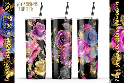 20 Oz Skinny Glitter Flowers Tumbler, Oil Painted Floral Tumbler Wrap Sublimation oyonnidesign 