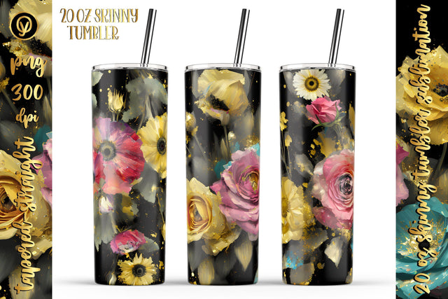 20 Oz Skinny Glitter Flowers Tumbler, Oil Painted Floral Tumbler Wrap Sublimation oyonnidesign 