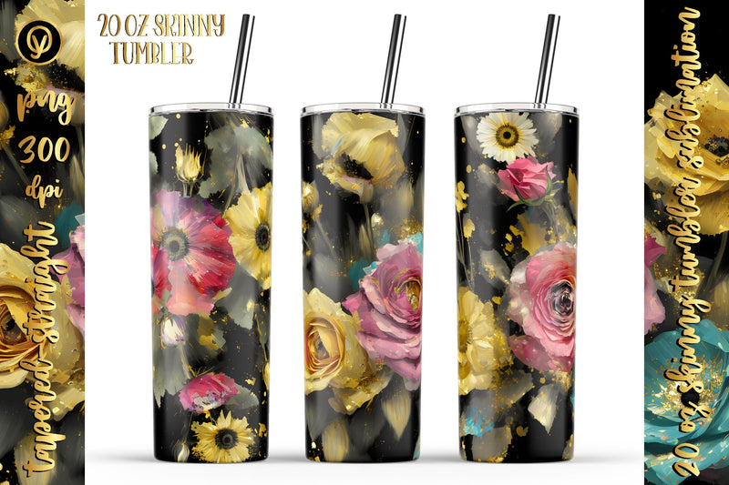 20 Oz Skinny Glitter Flowers Tumbler, Oil Painted Floral Tumbler Wrap Sublimation oyonnidesign 