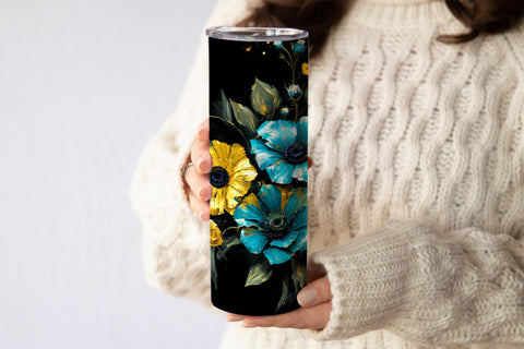 20 Oz Skinny Glitter Flowers Tumbler, Oil Painted Floral Tumbler Wrap Sublimation oyonnidesign 
