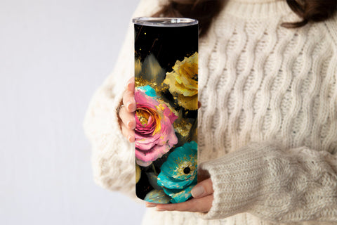 20 Oz Skinny Glitter Flowers Tumbler, Oil Painted Floral Tumbler Wrap Sublimation oyonnidesign 