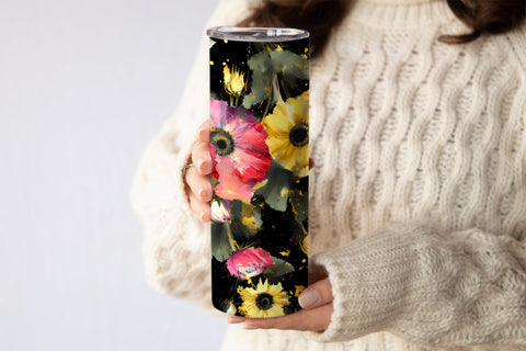 20 Oz Skinny Glitter Flowers Tumbler, Oil Painted Floral Tumbler Wrap Sublimation oyonnidesign 