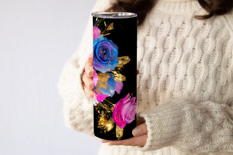 20 Oz Skinny Glitter Flowers Tumbler, Oil Painted Floral Tumbler Wrap Sublimation oyonnidesign 