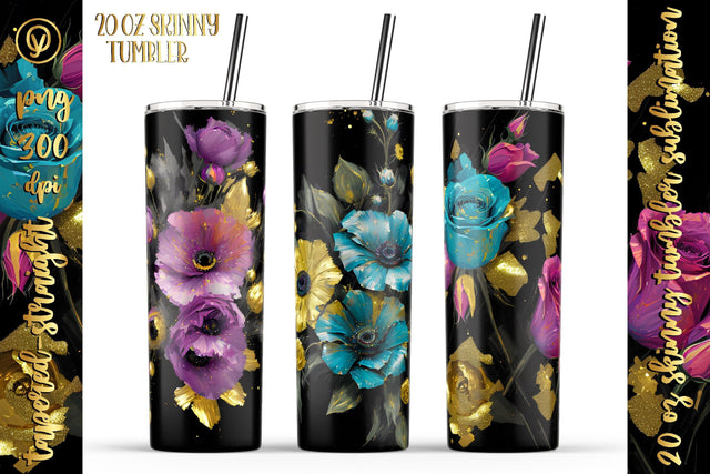 20 Oz Skinny Glitter Flowers Tumbler, Oil Painted Floral Tumbler Wrap Sublimation oyonnidesign 