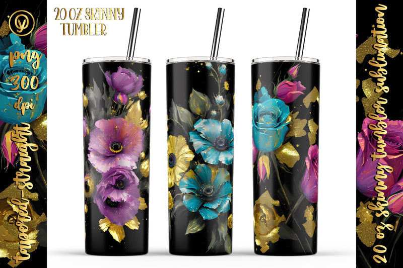 20 Oz Skinny Glitter Flowers Tumbler, Oil Painted Floral Tumbler Wrap Sublimation oyonnidesign 