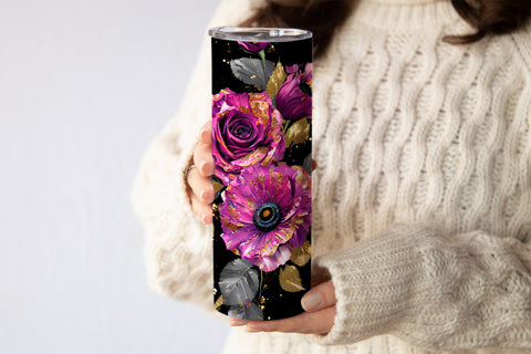 20 Oz Skinny Glitter Flowers Tumbler, Oil Painted Floral Tumbler Wrap Sublimation oyonnidesign 