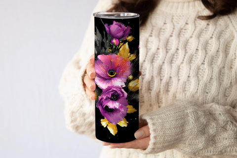 20 Oz Skinny Glitter Flowers Tumbler, Oil Painted Floral Tumbler Wrap Sublimation oyonnidesign 