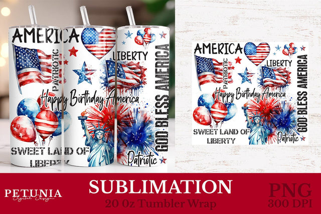20 oz Skinny Tumbler Wrap | 4th of July 20 oz Tumbler Wrap Sublimation Petunia Digital Design 