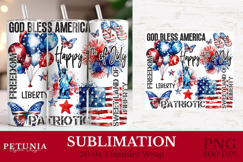 20 oz Skinny Tumbler Wrap | 4th of July 20 oz Tumbler Wrap Sublimation Petunia Digital Design 