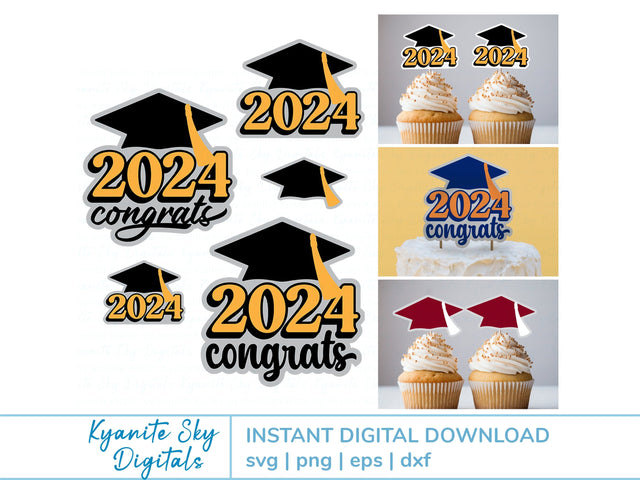 2024 Graduation Cake and Cupcake Toppers SVG cut files bundle SVG Kyanite Sky Digitals 