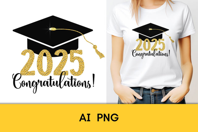 2025 Graduation PNG Sublimation Golden Glitter Numbers & Black Academic Cap | Graduate 25 T-Shirt Print Design Digital Download | Grad 2025 Sublimation AnnaViolet_store 