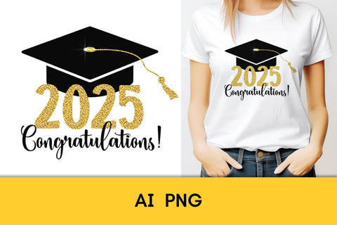2025 Graduation PNG Sublimation Golden Glitter Numbers & Black Academic Cap | Graduate 25 T-Shirt Print Design Digital Download | Grad 2025 Sublimation AnnaViolet_store 