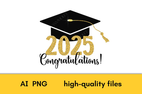 2025 Graduation PNG Sublimation Golden Glitter Numbers & Black Academic Cap | Graduate 25 T-Shirt Print Design Digital Download | Grad 2025 Sublimation AnnaViolet_store 