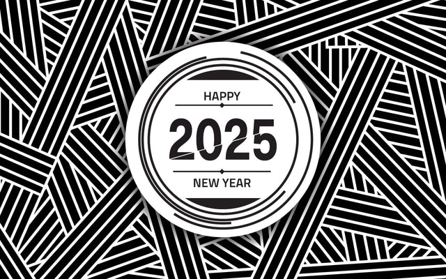 2025 New Year banner with numbers from simple geometric shapes and figures inside confetti. Template for greeting card, invitation, poster, flyer, web.Vector illustration isolated on white background. SVG naemmiah021 