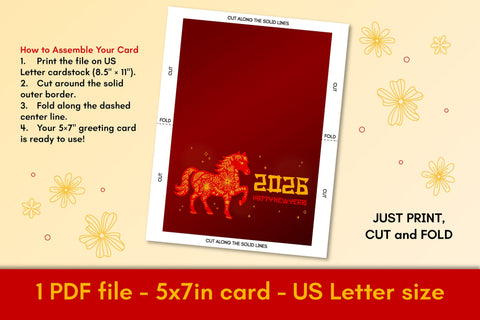 2026 New Year Greeting Card Printable 5 x 7 in | Happy 2026 Horse Zodiac Symbol Chinese NY, Asian Style Folded Postcard PDF Digital Download Sublimation AnnaViolet_store 