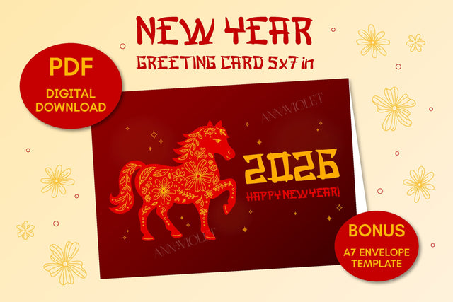 2026 New Year Greeting Card Printable 5 x 7 in | Happy 2026 Horse Zodiac Symbol Chinese NY, Asian Style Folded Postcard PDF Digital Download Sublimation AnnaViolet_store 