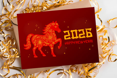 2026 New Year Greeting Card Printable 5 x 7 in | Happy 2026 Horse Zodiac Symbol Chinese NY, Asian Style Folded Postcard PDF Digital Download Sublimation AnnaViolet_store 