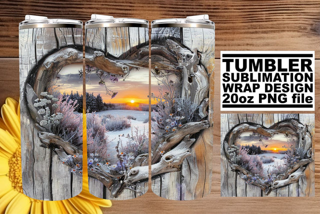 20oz Christmas Tumbler Wrap 3D Heart Frame Winter Scene Sublimation afrosvg 