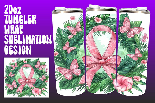 20oz Floral Pink Ribbon Tumbler Wrap Sublimation afrosvg 