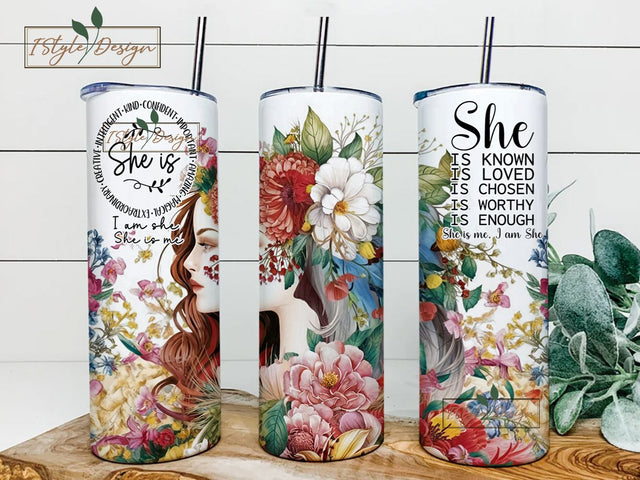 20oz Floral Woman She Is Christian Bible Verse Religious, Skinny Tumbler Wrap Quotes PNG Sublimation Designs Download Sublimation iStyleDesign 