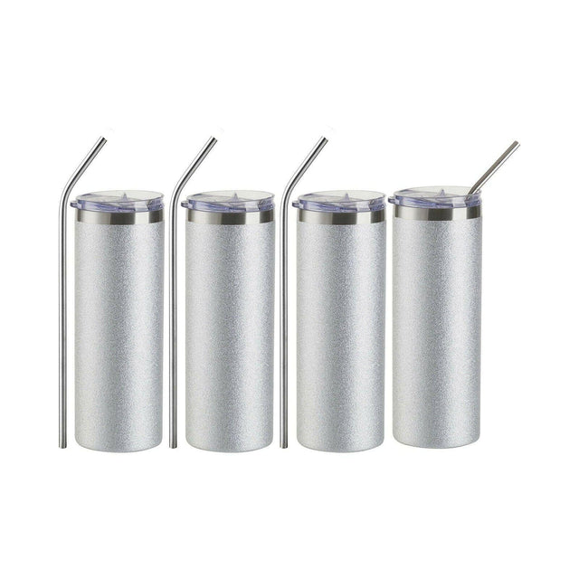 20oz Silver Glitter Stainless Steel Skinny Sublimation Tumblers | Craft Express 4 Pack Sublimation Blanks Physical Craft Express 