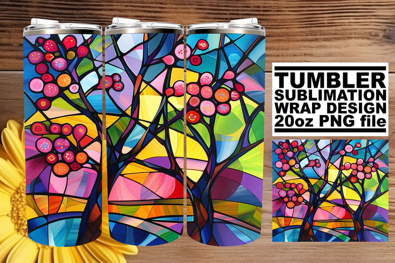20oz Stained Glass Tree Colorful Tumbler Wrap Design Sublimation afrosvg 