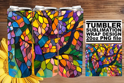 20oz Stained Glass Tree Tumbler Wrap Colorful Design Sublimation afrosvg 