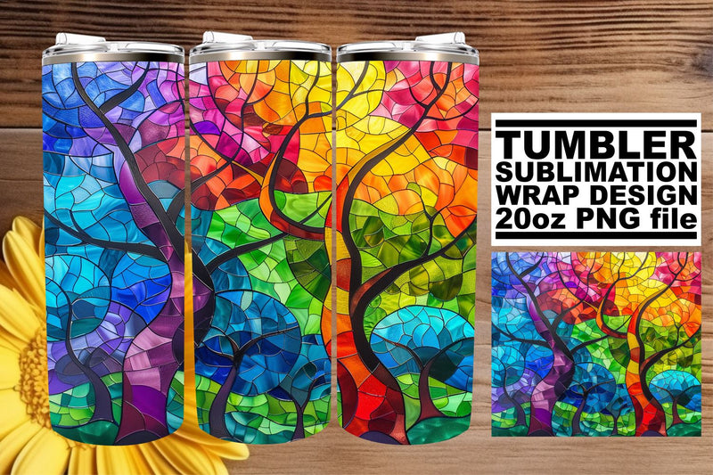 20oz Stained Glass Wrap Colorful Tree Tumbler Design Sublimation afrosvg 