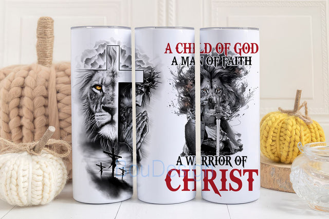 20oz Tumbler Sublimation Wrap, Child Of God A Man Of Faith Skinny Tumbler 20oz, Christian Tumbler PNG Sublimation BouDesign 