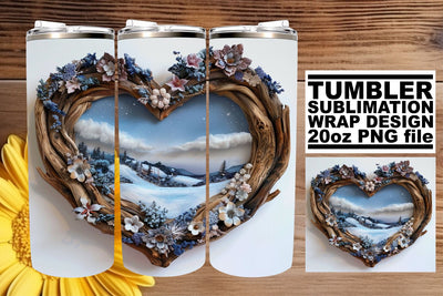 20oz Tumbler Wrap 3D Heart Frame with Christmas Landscape Sublimation afrosvg 