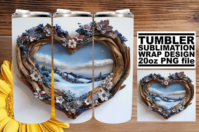 20oz Tumbler Wrap 3D Heart Frame with Christmas Landscape Sublimation afrosvg 