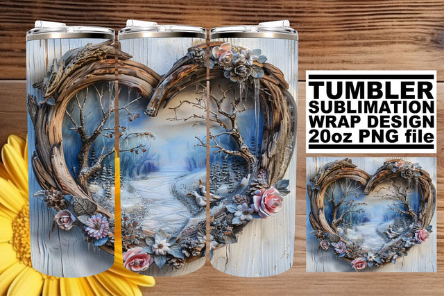 20oz Tumbler Wrap Christmas 3D Heart Frame Winter Scene Sublimation afrosvg 