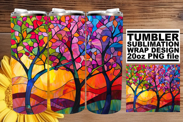 20oz Tumbler Wrap Colorful Tree Stained Glass Design Sublimation afrosvg 