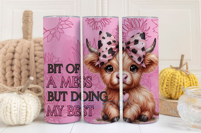 20oz Tumbler Wrap Highland Cow Tumbler, Hylander Cow Wrap Instant Digital Download, PNG download flower bit of a mess but doin my best Sublimation BouDesign 
