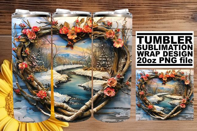 20oz Tumbler Wrap Winter Scene 3D Heart Frame Sublimation Sublimation afrosvg 