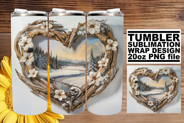 20oz Tumbler Wrap Winter Scene 3D Heart Frame Sublimation Sublimation afrosvg 