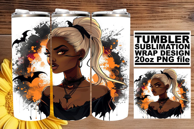 20oz Watercolor Halloween Design Gothic Afro Woman Sublimation afrosvg 