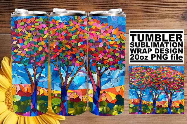 20oz Wrap Colorful Stained Glass Tree Tumbler Design Sublimation afrosvg 