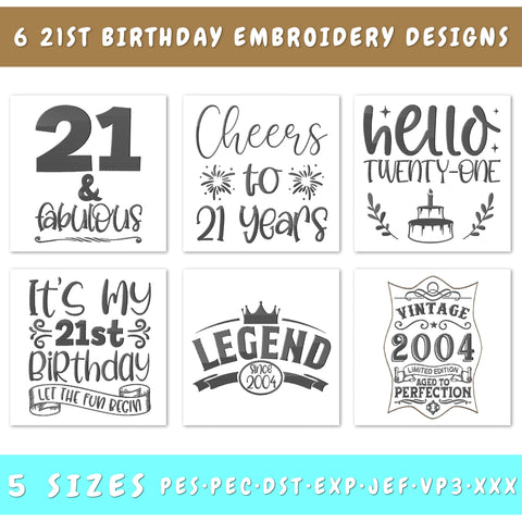 21st Birthday Embroidery Designs Bundle - 6 Designs, 21st Birthday Embroidery Patterns, 21st Birthday PES Files, 21st Birthday Embroidery Files Embroidery/Applique DESIGNS HappyDesignStudio 